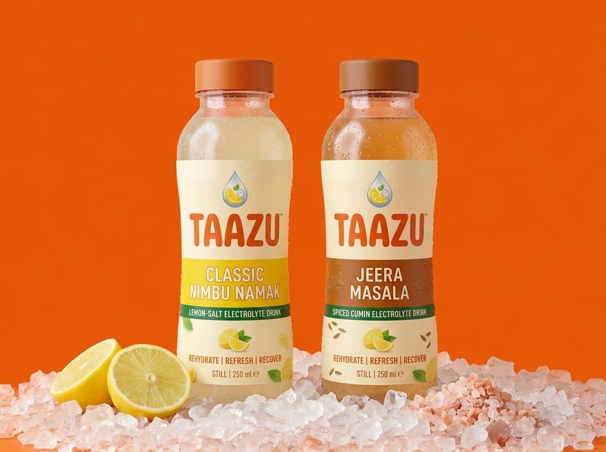 Taazu Classic Nimbu Namak and Jeera Masala 250 ml bottles on crushed ice with lemon halves